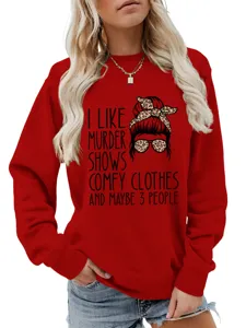 Women red graphic sweatshirt featuring funny slogan print and leopard bun design long sleeve top.