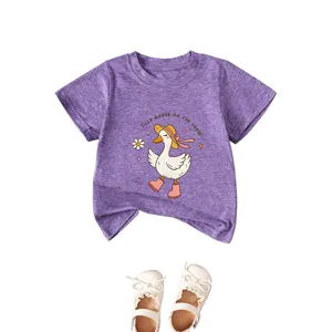 Cute purple short-sleeve children t-shirt with silly goose graphic design for kids daily wear