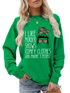 Women's green graphic sweatshirt casual long sleeve pullover with funny letter print detail view.