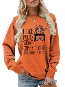 Casual women's autumn winter orange sweatshirt with fun graphic print and long sleeves.