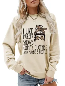 Women casual crewneck sweatshirt with funny letter print long sleeve pullover top beige