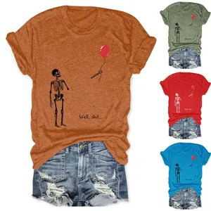 Casual funny skeleton red balloon print short sleeve crewneck t-shirt for women wear