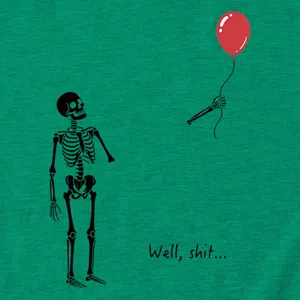 Detailed shot of green skeleton balloon graphic print on short sleeve t-shirt fabric.