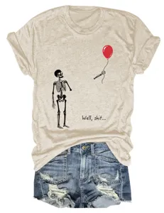 Casual funny skeleton graphic short sleeve o-neck t-shirt paired with denim shorts detail.