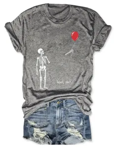 Women casual short sleeve gray t-shirt featuring fun skeleton and red balloon graphic print.