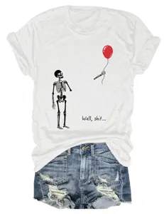 Detailed view of women casual short sleeve t-shirt with funny skeleton balloon graphic print.