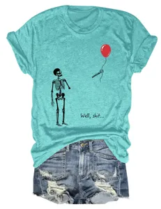 Women's casual turquoise short sleeve t-shirt with funny skeleton balloon print and round neck.