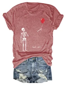 Women's Casual Short Sleeve T-Shirt Funny Skeleton Graphic Crewneck Tee Red Top