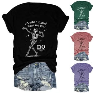 Skeleton print graphic short sleeve t-shirt detail showing fun dancing skeleton design.