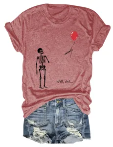 Casual women graphic t-shirt featuring funny skeleton balloon print and short sleeves.