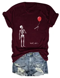 Casual funny skeleton red balloon print short sleeve round neck women t-shirt tops.