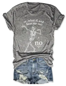 Stylish women round neck short sleeve grey t-shirt detail showing skeleton graphic print.