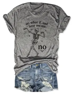 Grey short sleeve t-shirt detail featuring fun skeleton graphic and unique text print.
