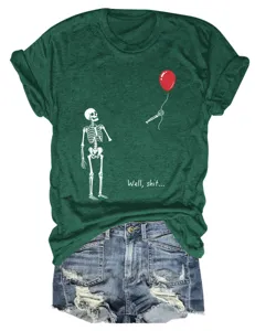 Green short sleeve t-shirt women funny skeleton balloon graphic casual round neck summer top