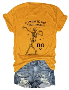 Detail shot of mustard yellow short sleeve t-shirt featuring funny skeleton graphic print.