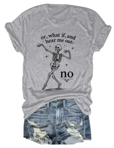 Close up detail of grey short sleeve t shirt with skeleton graphic print and denim shorts.