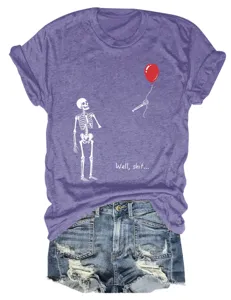 Close-up view of purple casual short sleeve t-shirt featuring fun skeleton graphic design.