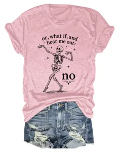 Pink short sleeve graphic t-shirt with skeleton print paired with denim shorts for women.