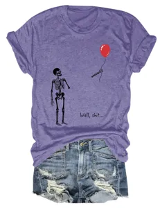 Women's casual purple short sleeve t-shirt featuring a funny skeleton and balloon graphic design.
