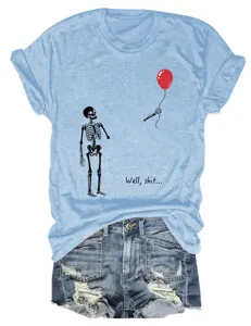 Casual women light blue crewneck short sleeve t-shirt featuring fun skeleton graphic print.