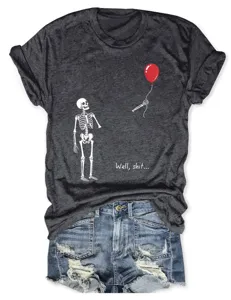 Women funny graphic short sleeve t-shirt featuring skeleton balloon print casual top.
