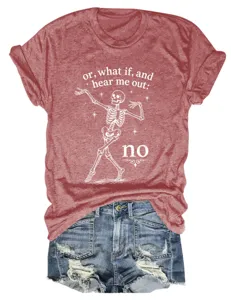 Detailed view of the brick red graphic tee featuring a dancing skeleton design and funny text.
