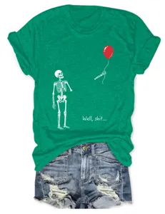 Green women short sleeve t-shirt funny skeleton red balloon graphic casual crewneck top