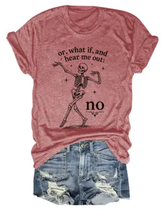 Women's graphic short sleeve t-shirt with skeleton print detail, casual and stylish apparel.