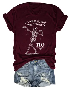 Burgundy short sleeve t-shirt with skeleton graphic and funny text paired with denim shorts.