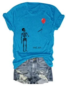 Women casual skeleton red balloon graphic crewneck short sleeve t-shirt with denim shorts.