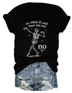 Close-up of black graphic tee with skeleton print and casual denim shorts, stylish streetwear.