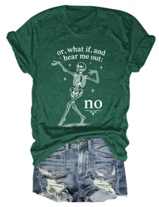 Dark green short sleeve t-shirt featuring a funny dancing skeleton graphic print and stylish text.