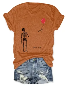 Women casual funny skeleton graphic short sleeve t-shirt, comfortable orange top.