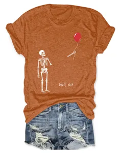 Women's Casual Crewneck Short Sleeve T-Shirt Funny Skeleton Balloon Graphic Tee Orange