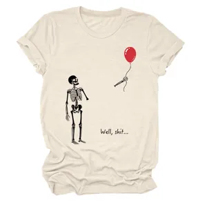 Casual women's beige short sleeve t-shirt featuring funny skeleton graphic and text print.