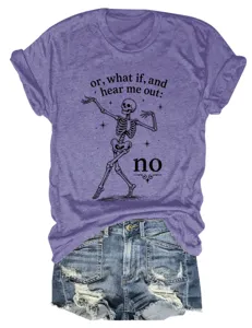 Women's casual purple short sleeve t-shirt with funny skeleton graphic and letter print.
