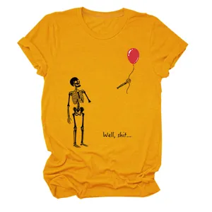 Women's casual round neck short sleeve yellow t-shirt with funny skeleton balloon print.