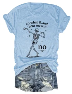 Light blue short sleeve t-shirt with funny skeleton graphic and stylish denim shorts.