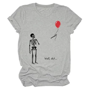 Close-up detail of the funny skeleton graphic and text print on women's casual gray t-shirt.