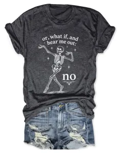 Close-up detail of grey short sleeve t-shirt featuring funny skeleton graphic and letter print.