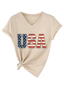 Camiseta casual de mujer con cuello en V y manga corta, nudo lateral y estampado de bandera USA.