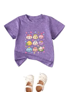 Cute cartoon dumpling print purple kids short sleeve t-shirt with stylish white shoes.