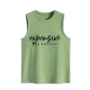 Groene vrouwen casual letter print mouwloze tanktop, comfortabele zomer basic vest.