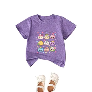 Cute cartoon dumplings print kids t-shirt, purple casual crewneck top for boys and girls.