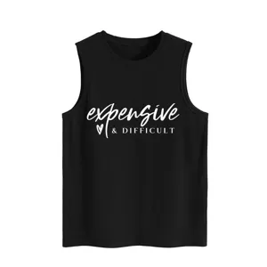 Details van zwarte mouwloze tanktop met sloganprint, comfortabele stof voor dagelijks gebruik.