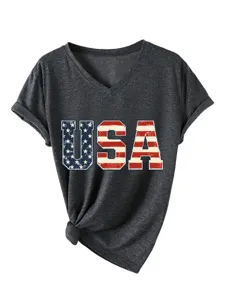 Camiseta casual de mujer cuello V manga corta con estampado bandera USA y dobladillo nudo.