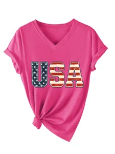 Camiseta de mujer con cuello en V y manga corta con estampado USA y nudo en el dobladillo