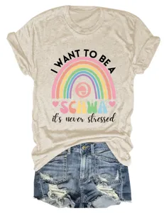 T-shirt casual da donna a maniche corte e girocollo con stampa grafica arcobaleno linguistica.
