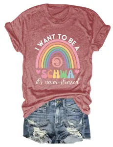 Maglietta donna rossa manica corta top estivo casual con stampa lettere schwa grafica