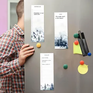 Magnetic notepad set with watercolor mountain design, perfect for fridge shopping and lists.